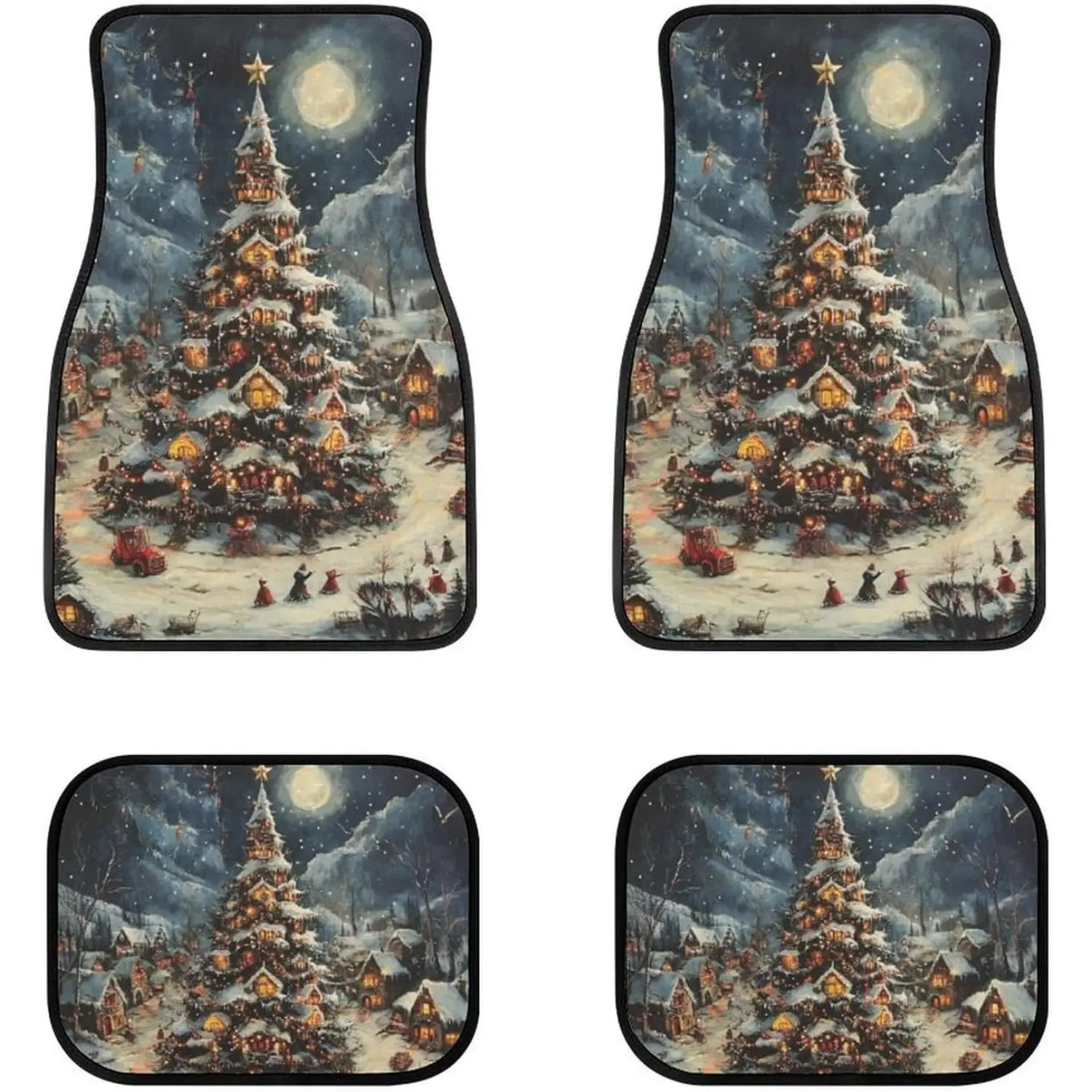 Retro Christmas Snow Town Car Floor Mat 4-piece Set Dreamy Christmas Tree Snow Night Pattern Car Floor Mat, Auto Foot Mats All Weather Universal Fit Car Decor Accessories Fit for SUV, Vans, Sedans, Trucks ﻿