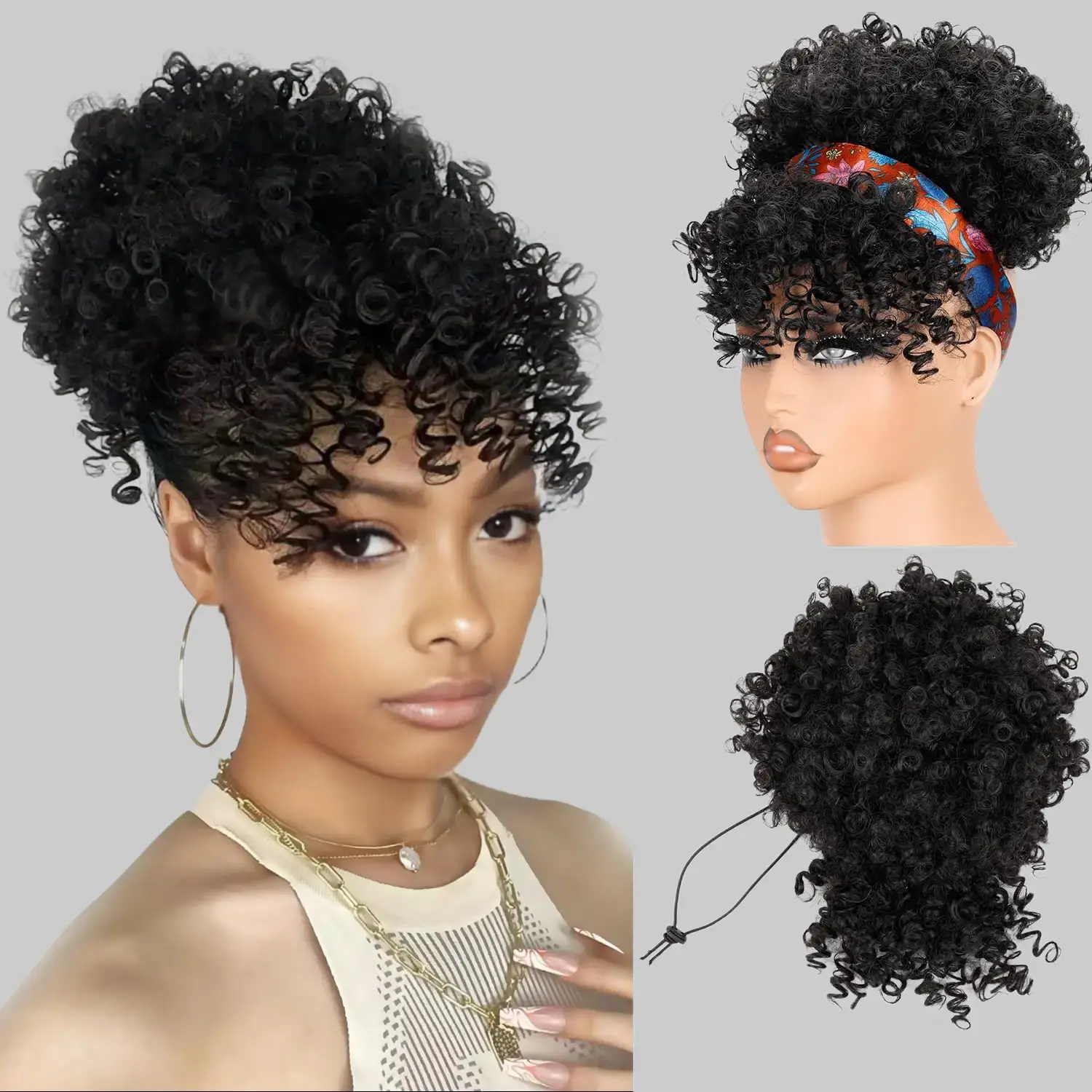 Drawstring Ponytail for Black Women, Afro Puff Kinky Curly Hair Ponytail Extension with Bangs Black Updo Natural Hair Ponytail 1B Natural Black Synthetic Hair Short Hair  Braided Wig