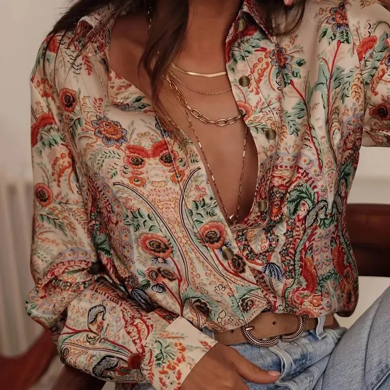 Women's All Over Print Fitted Blouse, Boho Clothing Blouse, Boho Style Shirt, Boho Cottagecore Shirt, Button Down Collared, Casual Classy Fashion Long Sleeve Button Closure Top, for Daily Wear, Ladies Clothes for All Seasons, Shirts