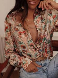 women's all over print blouse, casual bohemian long sleeve button closure top for daily wear, ladies clothes for all seasons, shirts, classy tops