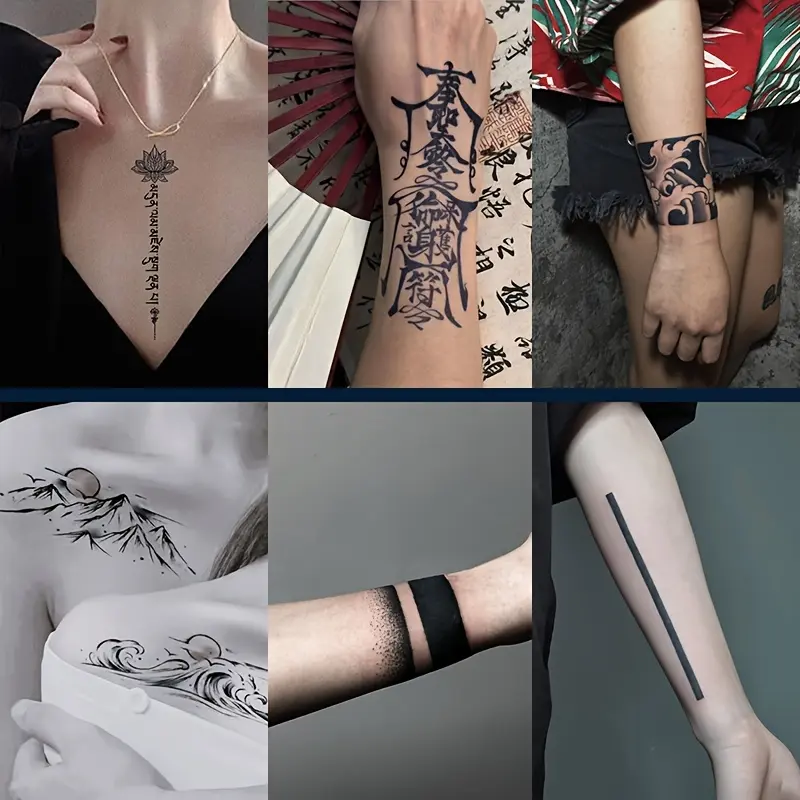 6 Pack Large Herbal Temporary Tattoos, Long-Lasting 7-15 Day Waterproof Fake Tattoo Stickers, Realistic Body Art with Flower & Line Designs, Aesthetic, Henna Stickers, Sticker Tattoos