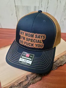 My Mom Says I'm Special Funny Leather Patch Hat Men's Trucker Mesh Baseball Cap OSFM Adjustable Snapback Style