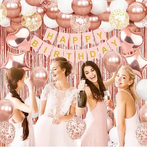 Elegant Balloon Decoration Set for Birthdays Blue Silver & Rose Gold Includes Foil Curtain Heart & Confetti Balloons Perfect for Surprise Parties Summer Gatherings & Baby Showers