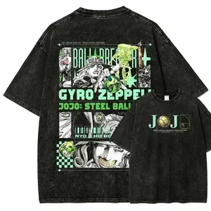 Men's Vintage Washed Round Neck Short-Sleeve T-Shirt, JoJo's Bizarre Adventure Gyro Zeppeli Steel Ball Run Manga Graphic, Premium Cotton Distressed Black Oversized Activewear, Athletic Streetwear Outfits, Festive Apparel for JoJo Fans, Sizes S-3XL,summerv