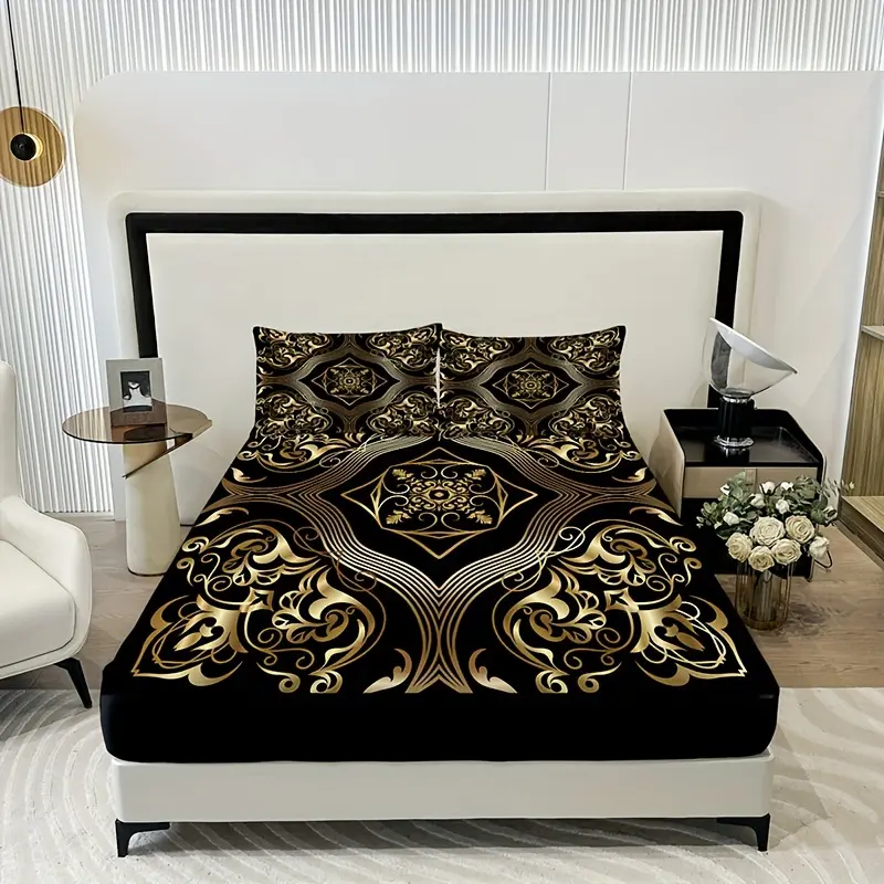 3-Piece Wave Pattern Bed Sheet Set One Bed Sheet Plus Two Pillowcases Polyester Fiber 100% Polyester Fiber No Inner Core Retro Element Wave Line Pattern Fabric Comfortable Breathable Suitable for Bedroom and Living Room All-Season Bedding