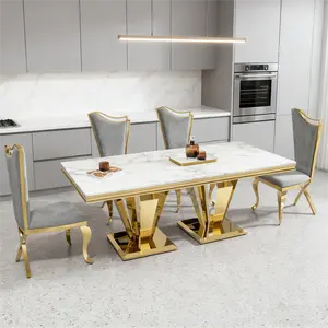 67" Luxury Faux Marble Dining Table for 6 Modern Rectangle Kitchen Table with White Marble Desktop and Gold Stainless Steel Base Sturdy Fashionable Easy Assembly Ideal for Kitchen Dining Room(Table Only)