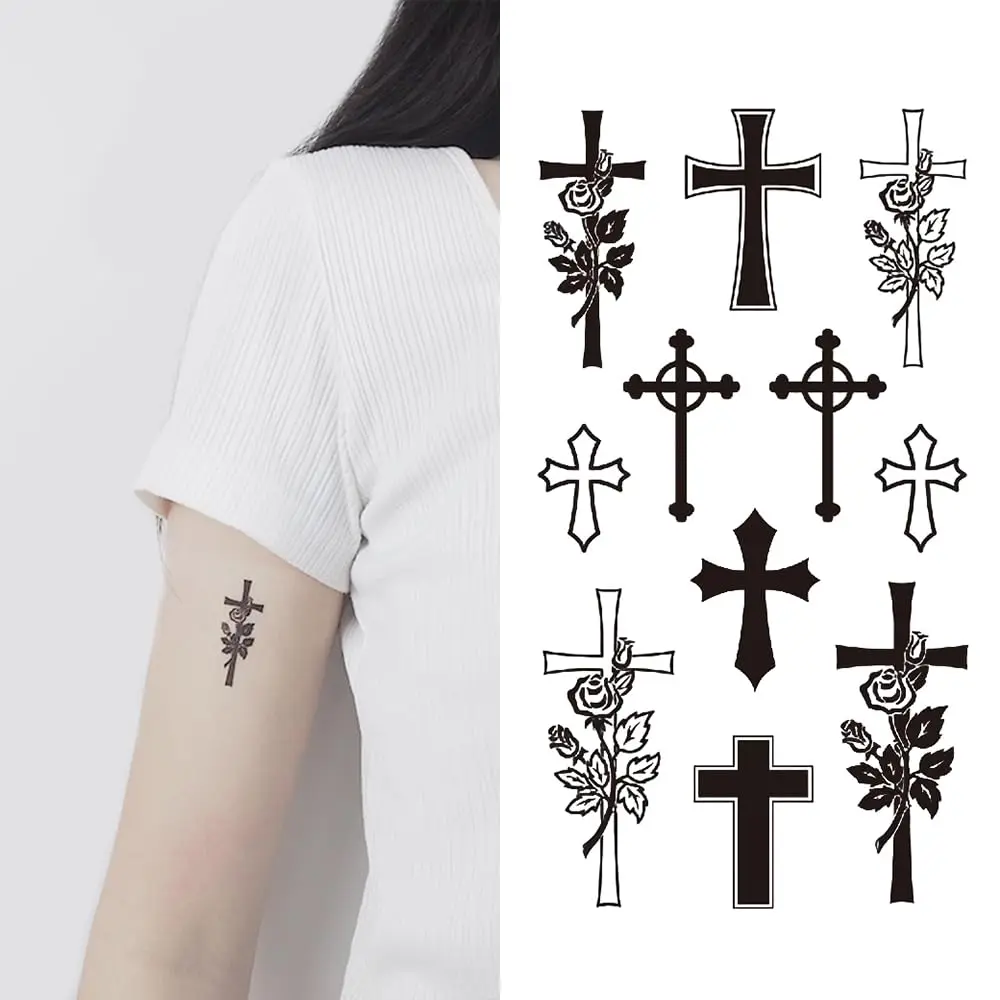 2 Sheets Tiny Small Temporary Tattoos For Women Men Finger Hands Neck Wrist Face, Cute Long Lasting Cartoon Fake Tattoo Stickers For Kids Boys Girls Black Cross Flower