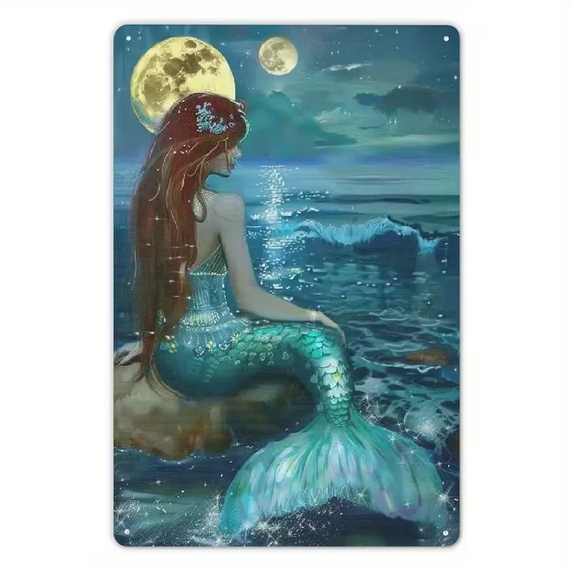 Vintage Rectangle Twin Full Moon Mermaid Metal Tin Sign - 8x12 in Waterproof Durable Elegant Wall Hanging, Teal Sparkle Effect Ocean Wave Cliff Siren Distressed Plaque, Universal Coastal Nautical Home Decor for Bathrooms