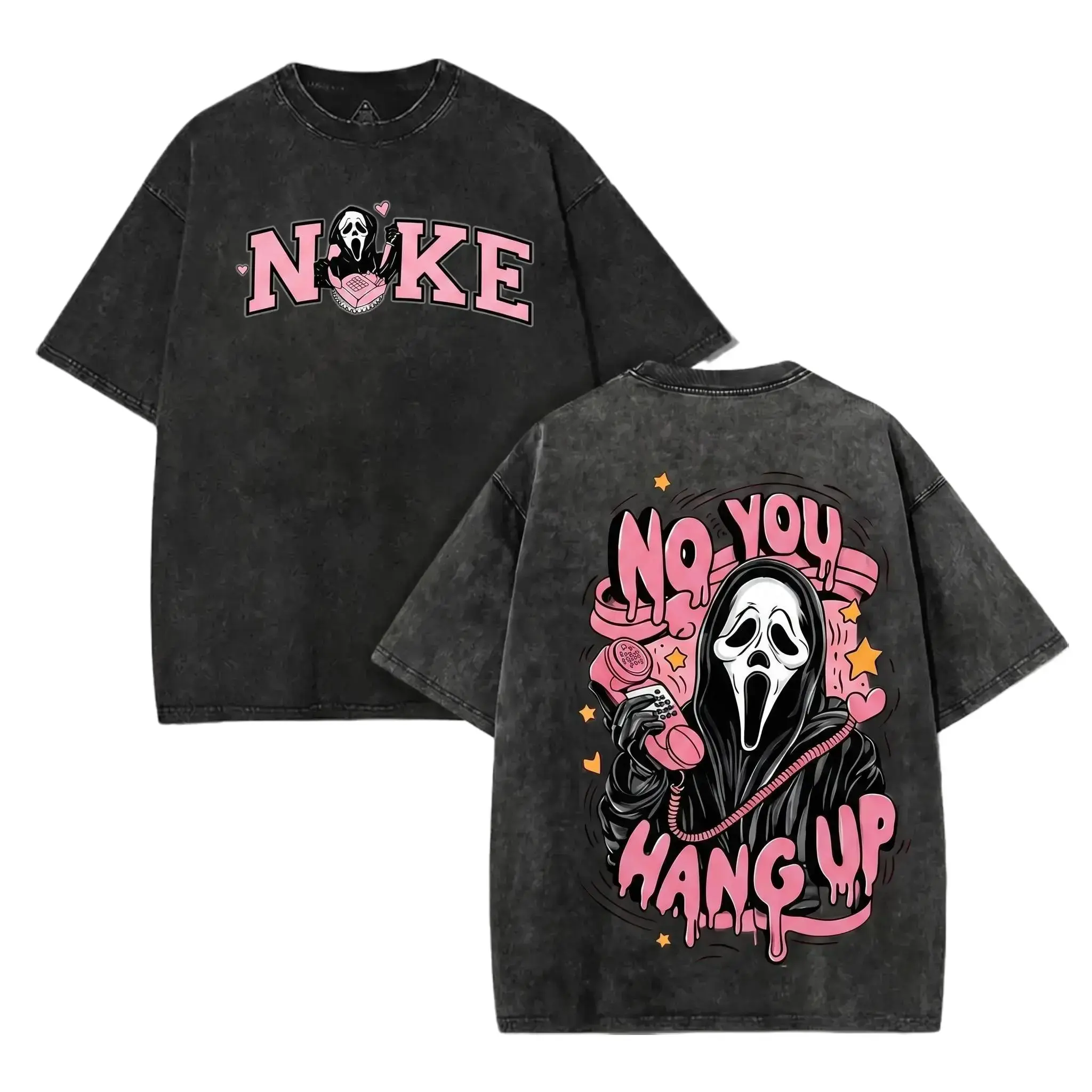 Vintage Washed Scream Ghostface No You Hang Up Double Sided Tee Pink Ghostface NOKE Letter Front Print Ghostface Telephone Horror Movie Graphic Oversized Black Acid Wash Casual Tee