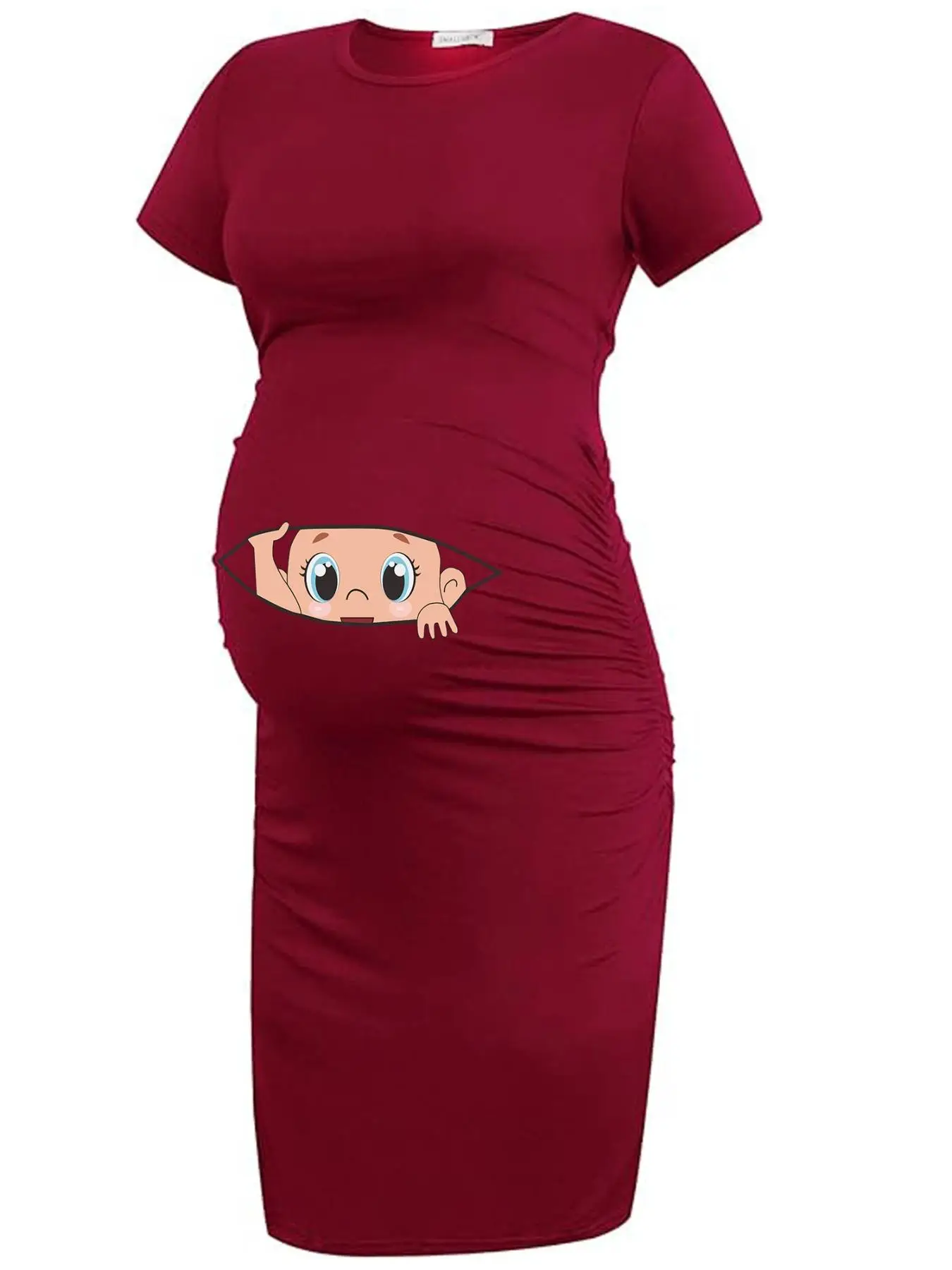Maternity's Cute Cartoon Baby Face Print Ruched Dress, Short Sleeve Round Neck Bodycon Dress for Summer, Maternity Clothes for Daily Wear