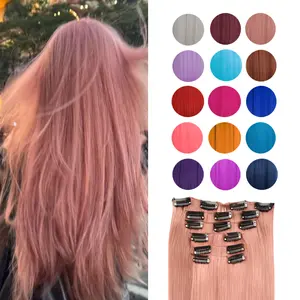 Aluna Hair Summer Vibes Clip in Hair Extensions 6PCS Pink Burgundy Blue Green Purple Long Straight Synthetic Hairpieces Easy to Wear for Women Girls Daily Use