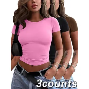 Women’s casual plain fitted short-sleeve top, slim-fitting round-neck T-shirt, three-piece set for all seasons GARMENTARY