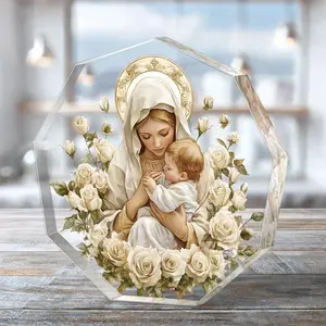 Virgin Mary & Jesus Acrylic Ornament, Hollow Out Design Christian Decor with Golden Halo & White Roses, Ideal Gift for Year-round Display, Religious, Religious Home Decor