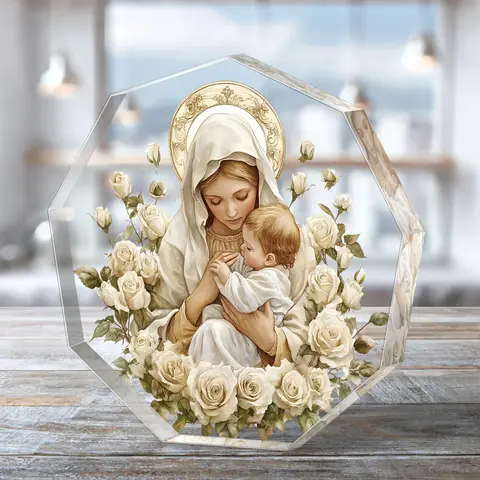 Virgin Mary & Jesus Acrylic Ornament, Hollow Out Design Christian Decor with Golden Halo & White Roses, Ideal Gift for Year-round Display, Religious Decoration, Religious Home Decor