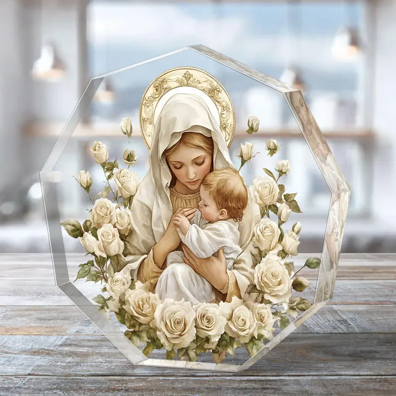 Virgin Mary & Jesus Acrylic Ornament, Hollow Out Design Christian Decor with Golden Halo & White Roses, Ideal Gift for Year-round Display, Religious Decoration, Religious Home Decor