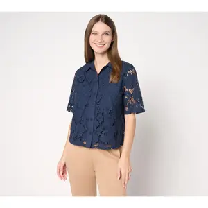by Stacy London Short Sleeve Button Front Lace Camp Shirt
