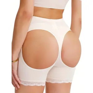Women’s Mid Waist Tummy Control Shaper Shorts, Butt Lifter Seamless Underwear with Lace Trim Hem, Open Cutout Back Design, Form-Fitting Layering Undergarment for Under Dresses & Daily Outfits