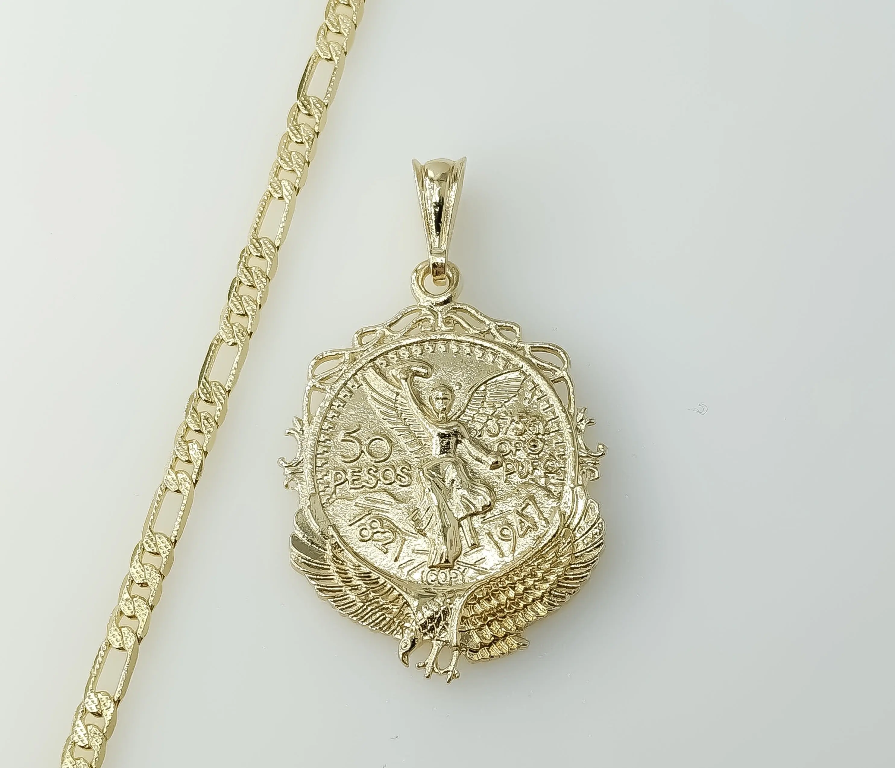 Plated Mexican Centenario Double Sided 4mm 14K Diamond Cut Figaro Chain Necklace