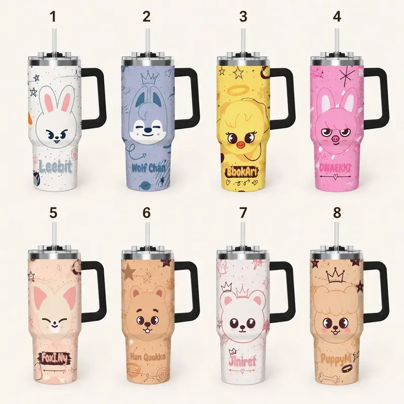 Skz Cute Animal Edition Insulated Stainless Steel Tumbler with Handle, Straw, Lid, Double-Wall Vacuum Design, Reusable KPop Collector Coffee Travel Mug (Kitchenware Drinkware), Insulation