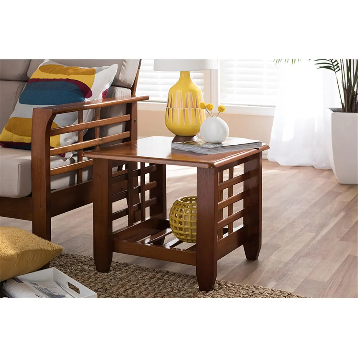 212 MAIN Cherry Finish Rubberwood Square Occasional End Table - Modern Mission Style, Window Pane Design, Slatted Shelf, 17.36x20.67x20.67 in, Model SW5218-Cherry-TS2-ET