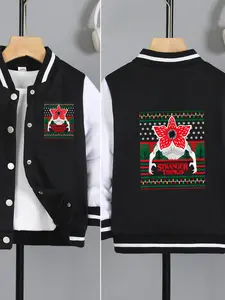 Stranger Things Demogorgon Christmas Lantern Demon Flower Printed Boys' And Girls' Spring/Autumn New Style Cool Baseball Jacket Pullover Coat, Fashionable, Casual, Comfortable, Daily Outdoor Versatile Top, Ideal Gift Choice