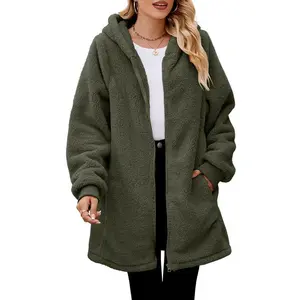 Women’s faux fur fleece hooded plush jacket with pockets and drawstring; casual fitted zip-up outerwear for spring, autumn, and winter; soft fabric womenswear