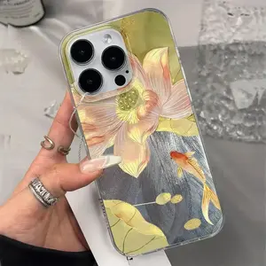 Creative Colorful Golden Lotus Koi Fish Design Phone Cases for iPhone 17 16 Pro Max 15 14 Plus 13 12 11 Pro Shockproof Airbag Protection Phone Cover Durable