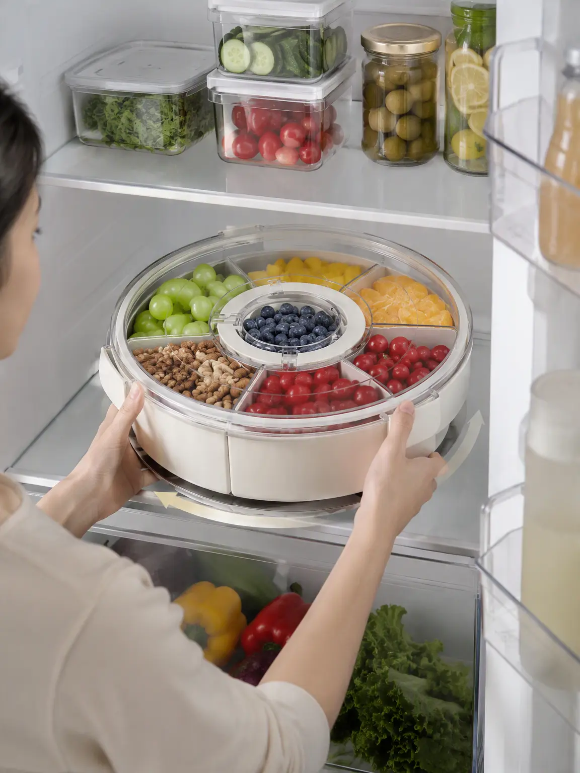 12" Dia BPA-Free Compartments Snack Organizer Box with 360° Rotation Rotatable Base, Airtight Lid, Handle, Leak-Proof Sturdy Portable 6-Compartment Preserving Container for Dinner Party, Fruit, Nut Storage