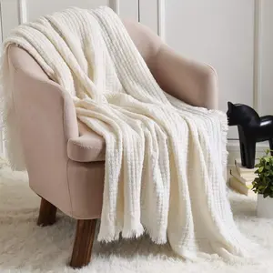 Farmhouse Boho Knit Throw Blanket for Couch, Sofa, Chair & Bed-Soft, Warm, Cozy & Lightweight for Spring, Summer, Fall-50''X60'' Off White/Ivory/Cream