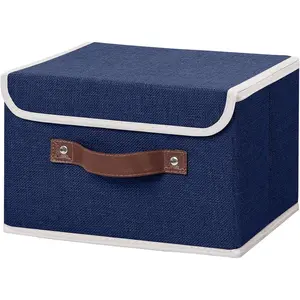 Foldable Decorative Storage Bin with Lid, Lidded Storage Boxes with PU Leather Handles PP Plastic Board, Cotton Linen Fabric Home Cubes Baskets Closet Organizer Container - Blue Small Size