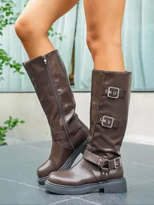 Women's Round Toe Buckle Knee-High Boots, Side Zip Thick Sole Low Heel Fashion Riding Boots, Motorcycle Style Shoes, Heeled Knee Boots