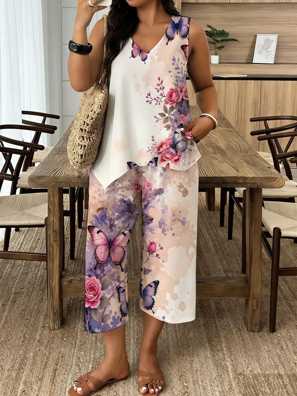Plus Size Women 2 Piece Outfits, Butterfly Floral Print V Neck Sleeveless Top and Wide Leg Pants Set, Casual Loose Fit Matching Sets for Women Summer Vacation, Beach, Travel, Daily Wear Breathable Clothes