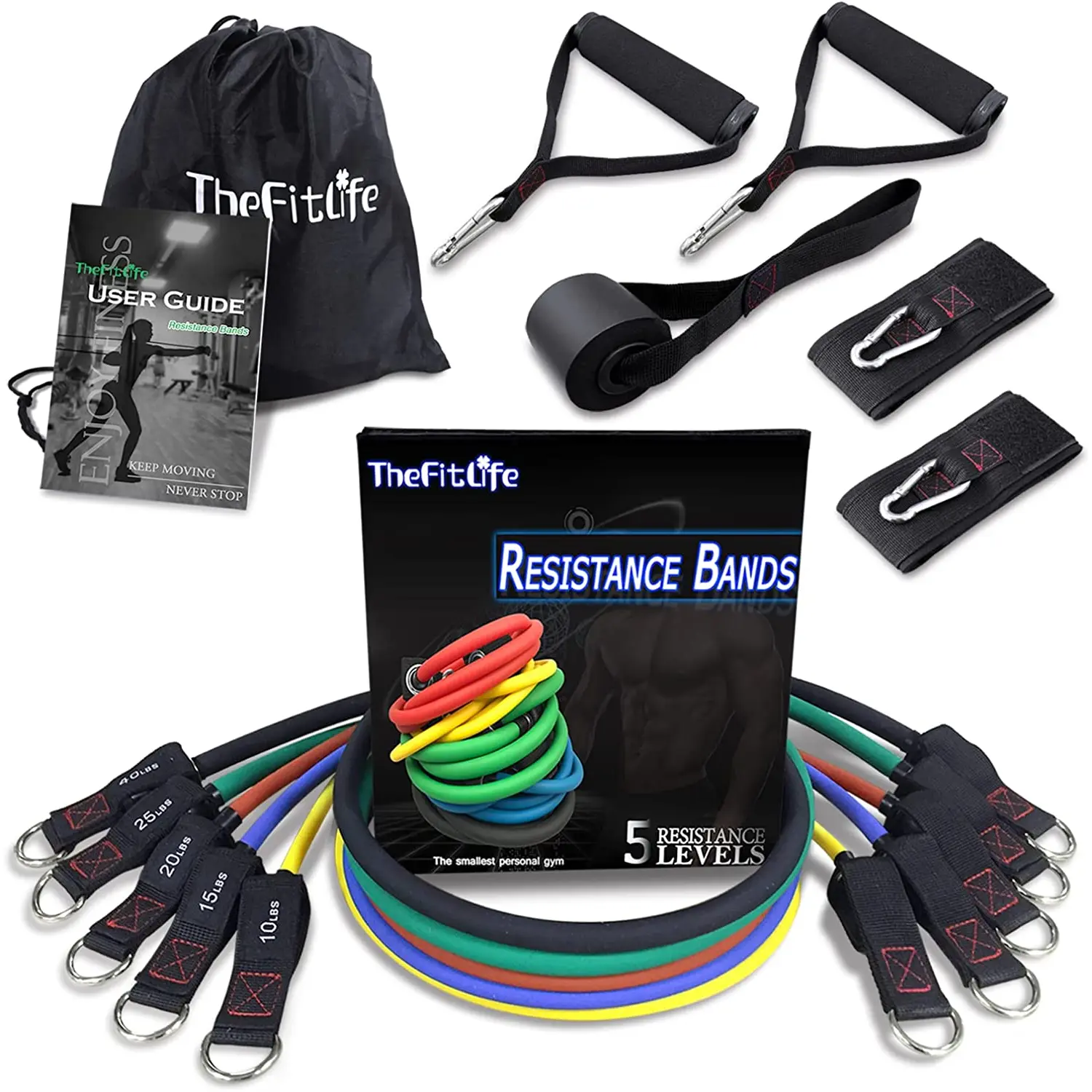 Thefitlife Exercise Resistance Bands with Handles - 5 Fitness Workout Bands Stackable up to 110/150/200/250/300 Lbs, Training Tubes with Large Handles, Ankle Straps, Door Anchor, Carry Bag TheFitLife
