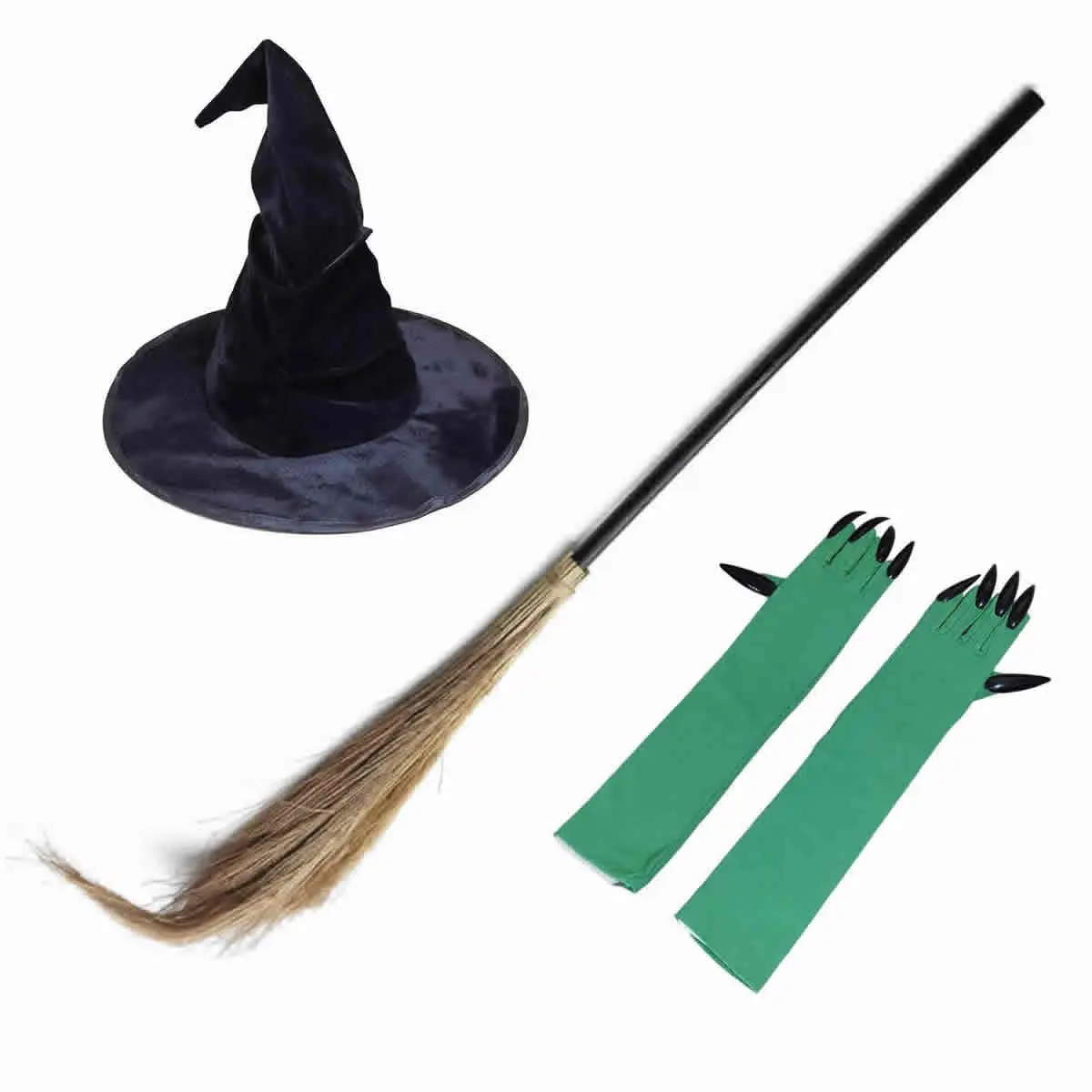 3pcs Classic Halloween Costume Set - PVC Elbow-Length Green Long Nail Claw Gloves, Miscanthus Broom, Witch Hat for Witch Theme Cosplay, Halloween Photo Prop Accessories