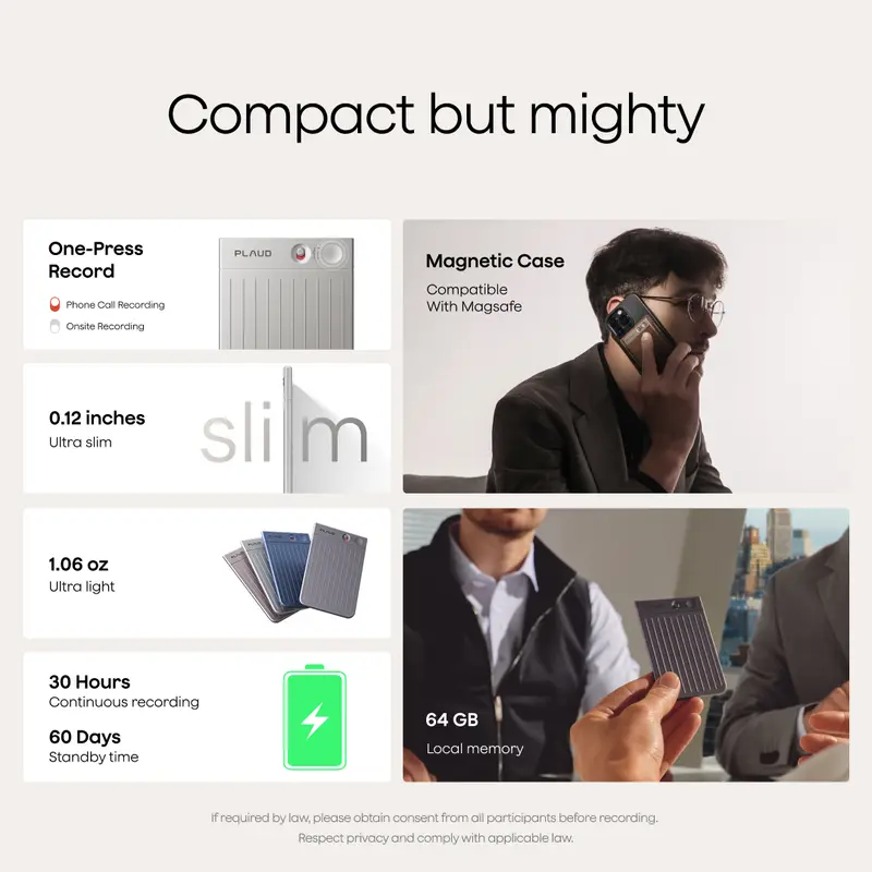 Plaud Note Smart Voice Recorder - One-Press Recording & Playback, 0.117-Inch Slim, 64GB, Voice Changer Translator, Black MagSafe Case - Audio 2