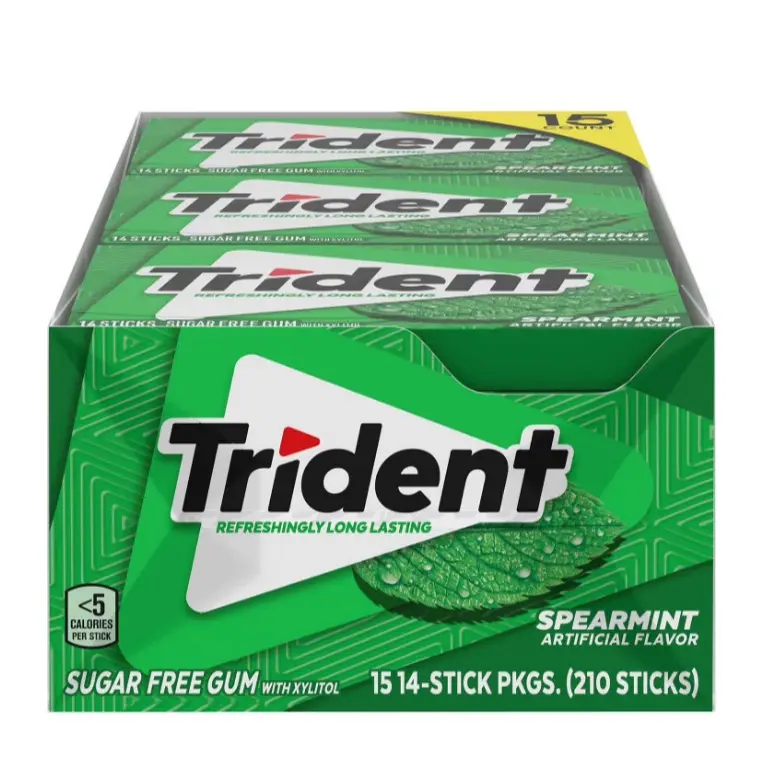 Trident Sugar-Free Mint Chewing Gum - Natural, Glycerin & Sucralose-Sweetened, Low-Calorie Youth Snacks, Vegetarian, Fresh Breath, 15 Packs (14 Pieces Each, 210 Total Pieces)