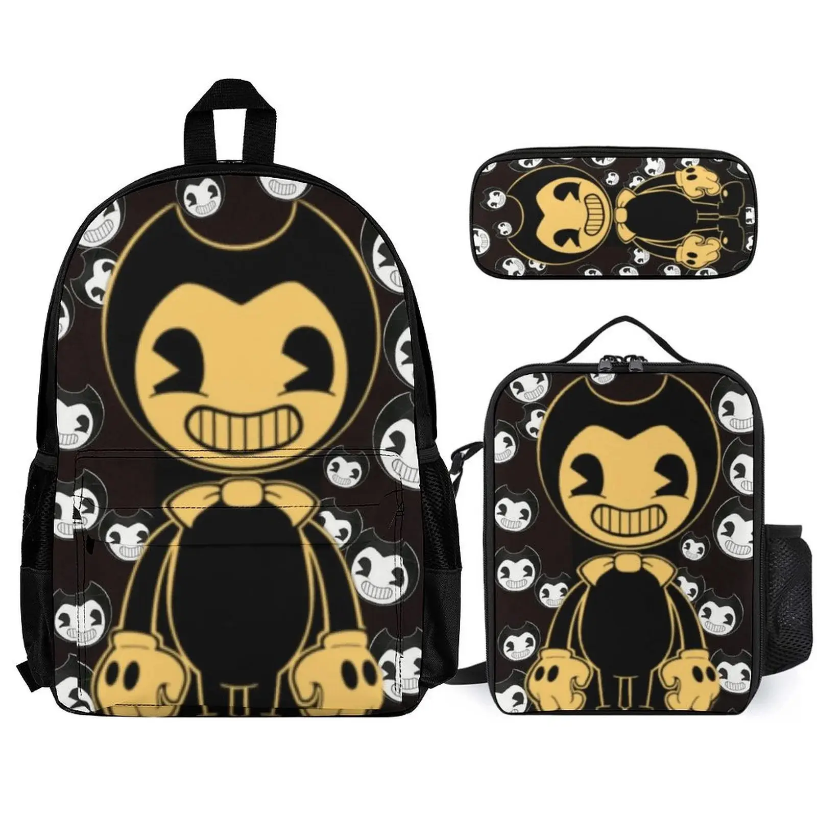 Bendy and the Ink Machine 3PCS Backpack Set, Durable 600D Oxford Cloth School Bag with Lunch Box & Pencil Case Combo, Adjustable Breathable Strap, Fits 15in Laptop for Kids Teens School Travel Outdoor