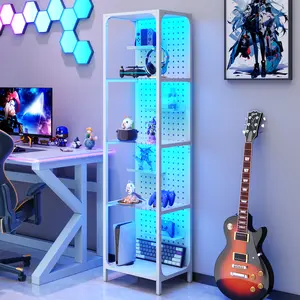 Glass Display Shelf for Collectibles LED Black Tall Narrow with Pegboard Steel Frame for Gaming Room Floor Lamp Living Room Bedroom Curio Cabinet
