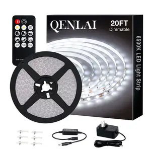 QENLAI White LED Strip Lights, Upgraded 6500K Dimmable Tape Lights with Remote and Plug 20ft/40ft/66ft, 12V Flexible Sticky Cuttable Led Light Strips for Bedroom Ceiling Kitchen Under Cabinet Lighting (18LEDs/1ft)