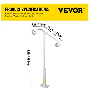 VEVOR Single Post Handrail White Wrought Iron Post Mount Step Grab Supports Fits 1 or 2 Steps Grab Rail Single Post Railing