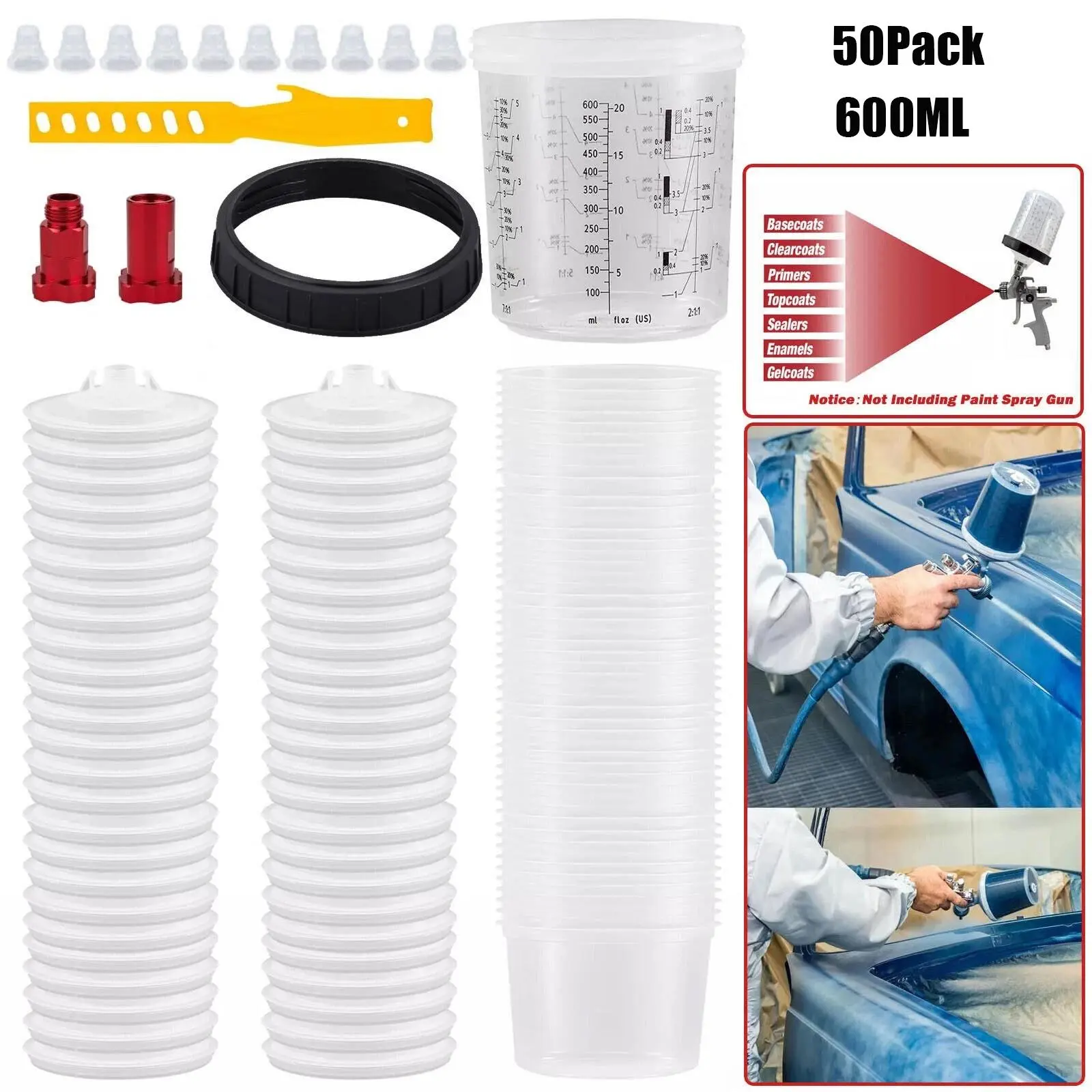 50 Pack PPS Style Paint Cup Liners with Lids & Strainers, Hard Cup & Retainer Ring, 20 Sealing Plugs, for Spray Gun Automotive Painting No Cleanup Needed