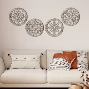 4-Piece Thick Rustic Wall Decor, Hollow Carved Wood Design for Farmhouse Round Wall Art, Vintage Easy Adhesive Kitchen Living Room, Wall Art Decoration