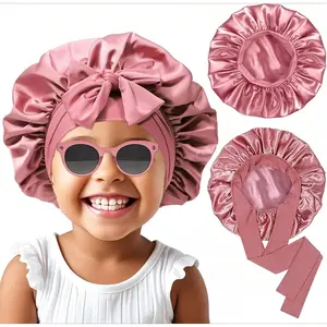 L-HDW080 2Pcs Baby Silk Satin Bonnet for Kids Sleeping Cap - Elastic Wide Band Hair Bonnets,Ajustable Satin Bonnet with Tie Haircare Adjustable