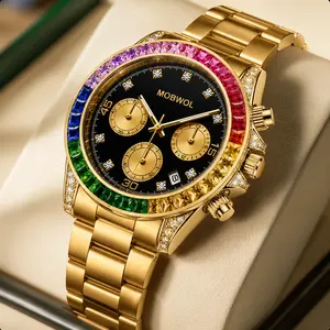 MOBWOL Men's Chic Analog Business Watch, 40mm, Rhinestone-Rainbow Crystal Decor, Imported Japanese Quartz Movement, Chronograph, Luminous Date, 30M - 50M Water-Resistant, Altimeter, Gift Box Included for Party Daily Wear