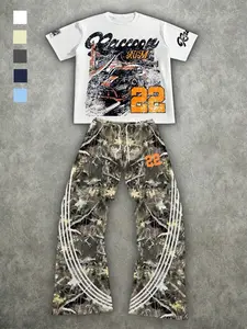 Men's Loose Short Sleeve Top & Tree Stripe Long Pants Set, Soft-touch print, no stiff feeling, Ideal for Daily Leisure