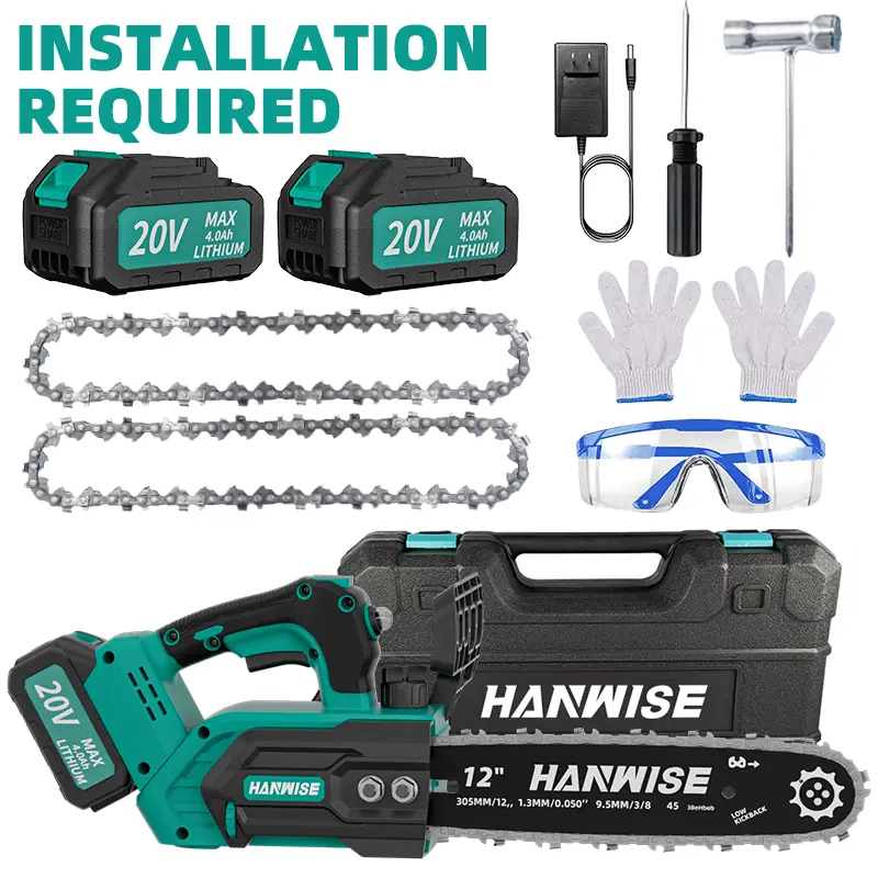 HANWISE 12" Brushless Cordless Chainsaw, 1900W Compact Homeowner Light Duty Garden Tool, 36FT/S Chain Speed, 2×20V 4.0Ah Batteries & Storage Case for Branch/Firewood Cutting, Brushless Motor, Yard Work, No, Plastic, Tree Cutting, 2 × 20V 4.0Ah Batteries