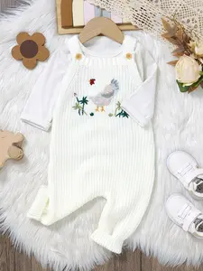 Cute Chicken Embroidery Baby Onesie without Inner Top, Cute Sleeveless Knitwear Jumpsuit for Newborn Infant Babies, Infant Kids Clothes for Fall & Winter