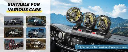 DIBMS Portable Three-Blade Car Cooling Fan—2-speed settings, 360° rotation, easy installation, USB-powered, powerful airflow, suitable for a wide range of vehicles including sedans, RVs, and SUVs