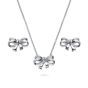 BERRICLE Sterling Silver Bow Tie Ribbon Necklace and Earrings Set for Women, Cubic Zirconia CZ