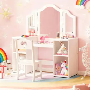GARVEE Vanity Table and Chair Set with Light - Makeup Vanity with Stool and Mirror - Princess Vanity with Storage for Little Ones